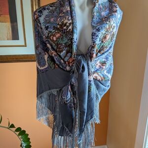 Floral Paisley Fringe Shawl Wrap in Slate Blue by 52”x 53” inches